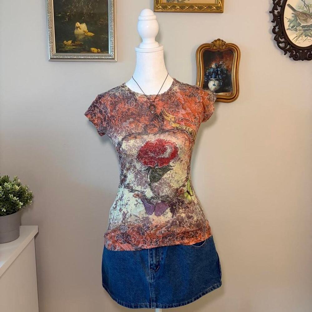 Vintage 2000s Rhinestone Rose Mesh Graphic Baby Tee - Demanding (S/M)